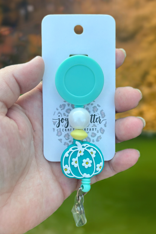 Teal Pumpkin Beaded Badge Reel