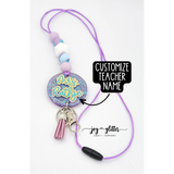 Customizable Purple and Teal Tie-Dye Glitter Beaded Lanyard with Medallion