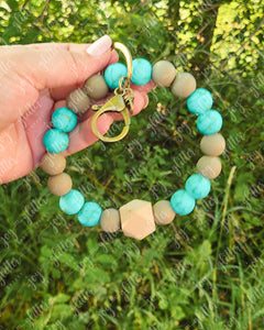 Terrific Turquoise Premium Beaded Wristlet Keychain with Wooden Bead