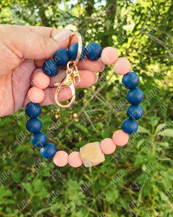 Bashful Blush and Noble Navy Beaded Wristlet Keychain with Wooden Bead