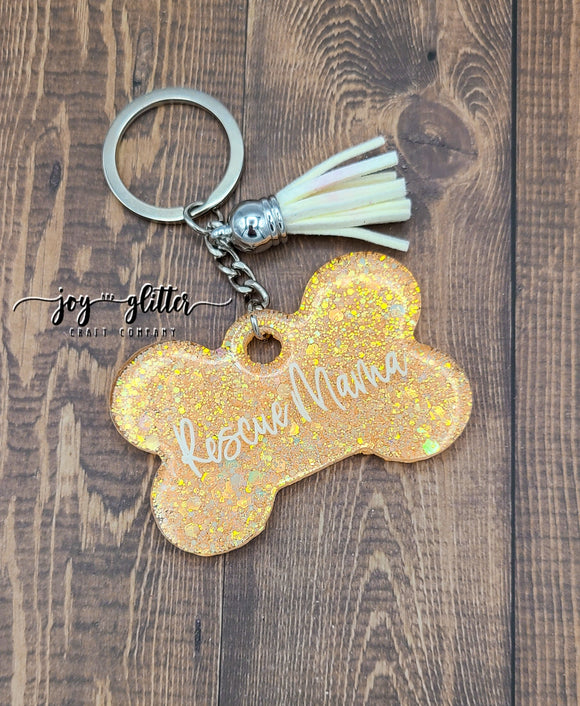 Rescue Mama Dog Bone Glitter Keychain - Choose your glitter color!