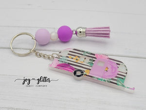 Purple Striped Floral Glitter Camper Keychain - Choose your camper style!