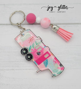 Pink Floral Glitter Camper Keychain - Choose your camper style!