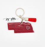 Red Nebraska with Heart Glitter Keychain - Choose your heart placement!