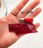 Red Nebraska with Heart Glitter Keychain - Choose your heart placement!