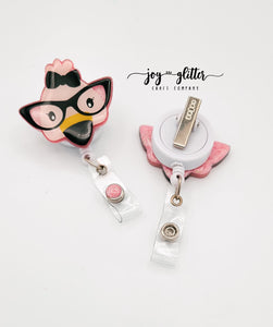 Flamingo with Glasses Glitter Badge Reel