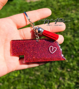 Red Nebraska with Heart Glitter Keychain - Choose your heart placement!