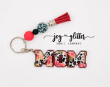 Red Cheetah Floral Mom Glitter Keychain