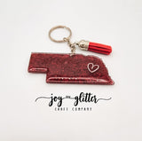 Red Nebraska with Heart Glitter Keychain - Choose your heart placement!