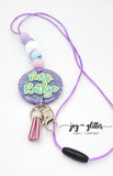 Customizable Purple and Teal Tie-Dye Glitter Beaded Lanyard with Medallion