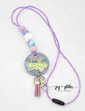 Customizable Purple and Teal Tie-Dye Glitter Beaded Lanyard with Medallion