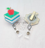 Book Stack with Apple Glitter Badge Reel