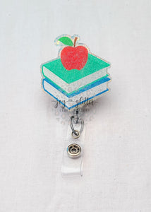 Book Stack with Apple Glitter Badge Reel