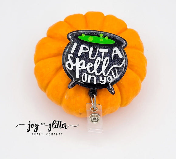 I Put A Spell On You Cauldron Glitter Badge Reel